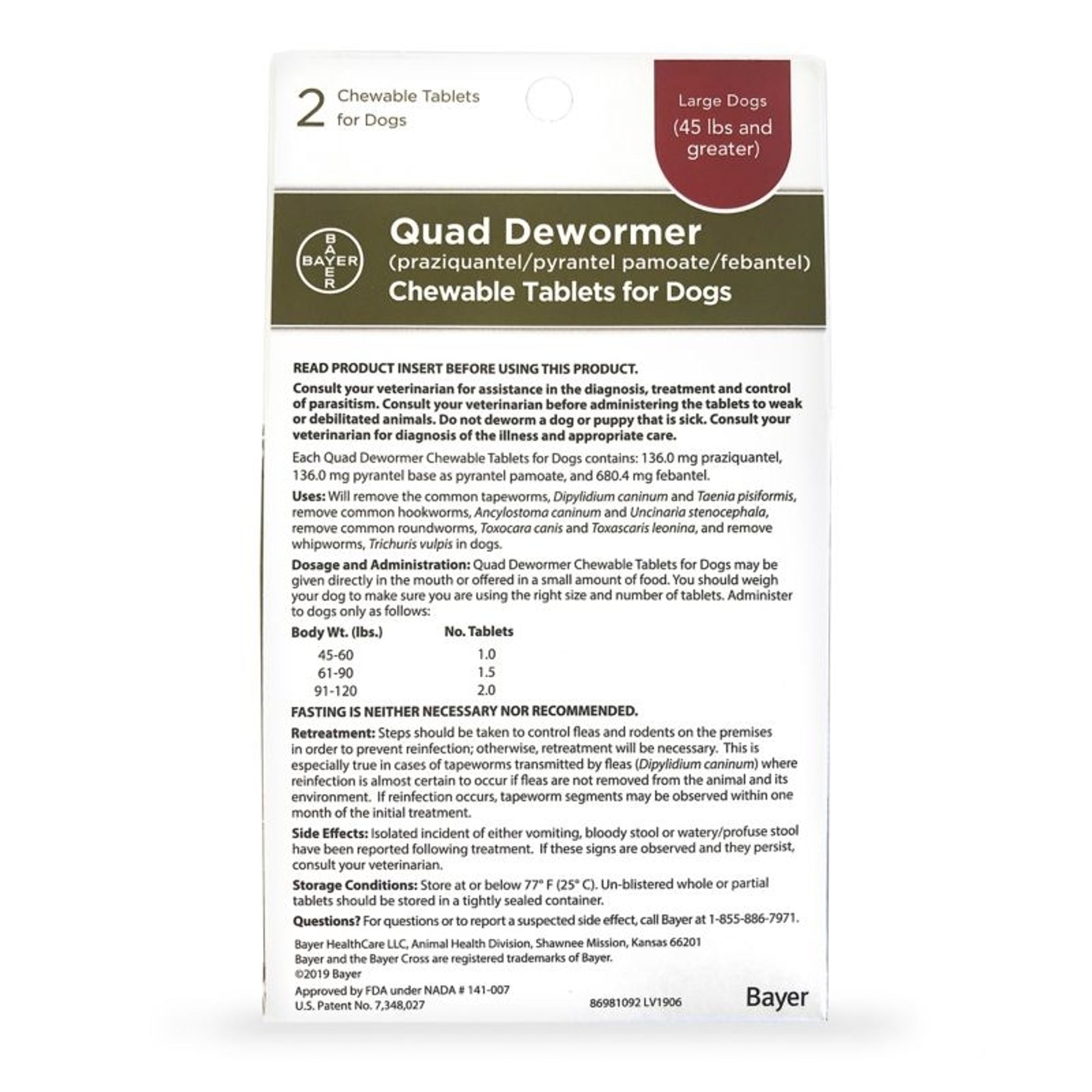 Bayer QUAD Dewormer Large Dog 2ct 136mg