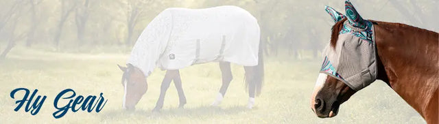 Horses wearing fly masks with 'Fly Gear' text in a misty field.