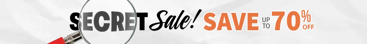 Promotional banner with 'Secret Sale! Save up to 70% off' text on a white background.